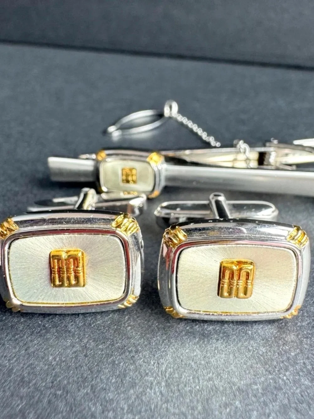 Vintage DAKS England Cufflinks Tie Clip Set Two Tone w/ Box Centennial Mens Gift